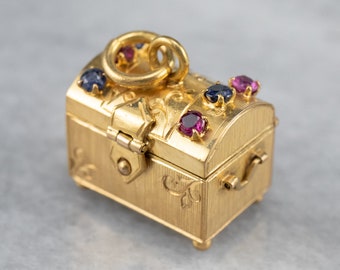 Sapphire Ruby Treasure Chest Charm, Treasure Chest Pendant, Gold Charm, Pirate Charm, WCA8HJ0Z