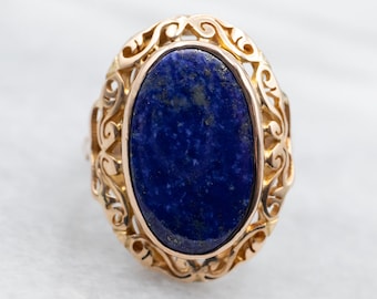 14K Yellow Gold Oval Lapis Ring With Scrolling Frame