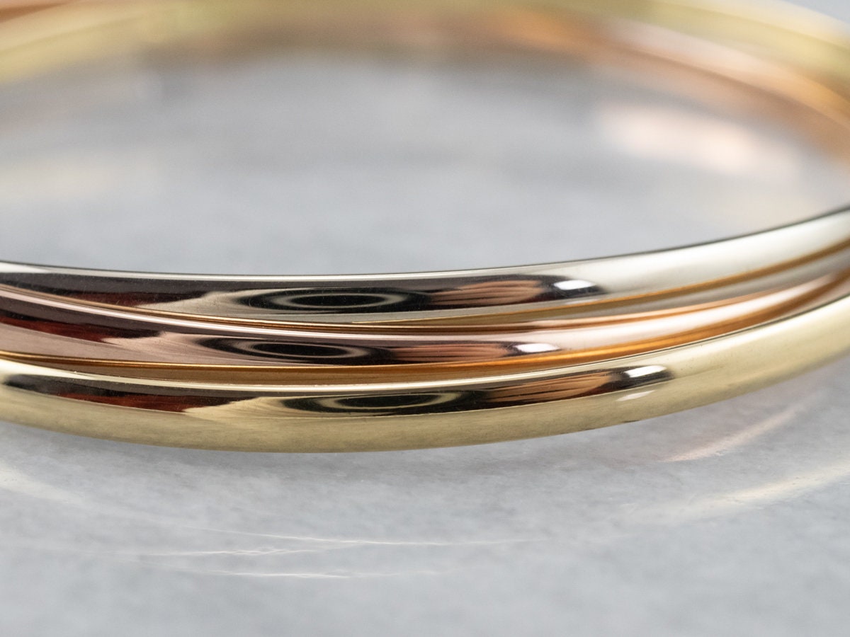 18K Tri Color Gold Rolling Bangle Bracelet, Interlocking Bangles