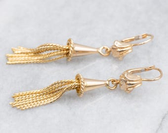 18K Yellow Gold Tassel Earrings, Chain Chandelier Drop