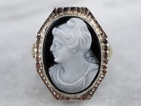 Art Deco Black Onyx Cameo Ring, Antique Cameo Rin… - image 2