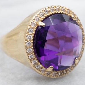 Yellow Gold Amethyst Cocktail Ring with Diamond Halo, Gold Amethyst Ring, Amethyst Cocktail Ring, Right Hand Ring, Amethyst Ring A42985