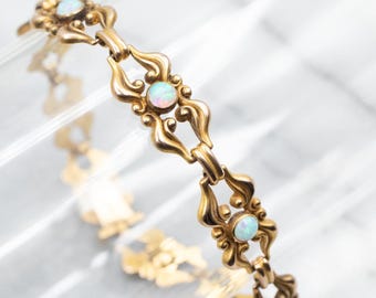14K Gold Victorian Opal Link Bracelet, Ornate Revival