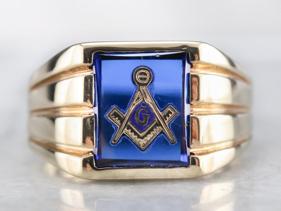 Men's Vintage Masonic Statement Ring, 1970s Blue … - image 1