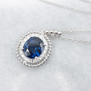 Sapphire and Diamond Necklace, Halo Pendant Necklace, Sapphire Necklace, White Gold Sapphire Necklace, Gifts for Her, Bridal Jewelry A60800