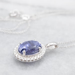 Sapphire and Diamond Necklace, Halo Pendant Necklace, Sapphire Necklace, White Gold Sapphire Necklace, Gifts for Her, Bridal Jewelry A50176