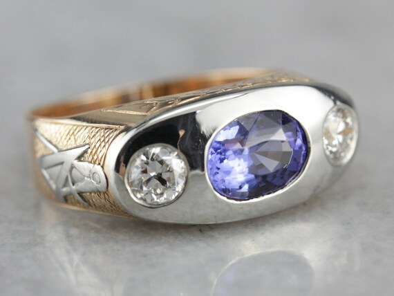 Modernist Masonic Sapphire Ring, 18K Gold Platinum, Retro Era