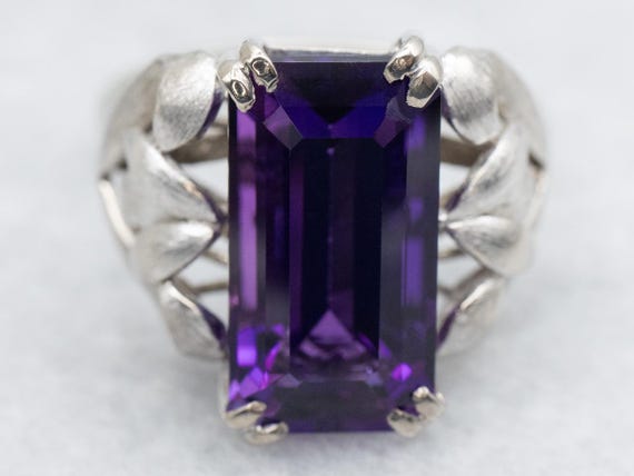 Botanical 14K White Gold Amethyst Cocktail Ring, … - image 1