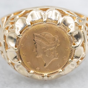 Vintage Love Token Gold Coin Ring, Gold Filigree Coin Ring, Liberty Head Dollar Coin, Liberty Head Coin Jewelry, Statement Ring A64163
