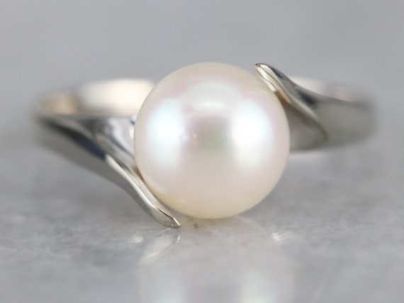 Silver Pearl Ring June Birthstone Pearl Anniversary Gift for Her Modernist Bypass Solitaire Engagement Ring