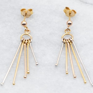 14K Tri-Color Gold Bar Tassel Drop Earrings