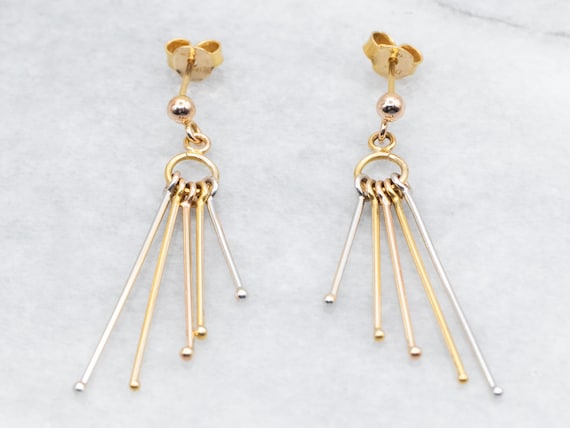 14K Tri-Color Gold Bar Tassel Drop Earrings
