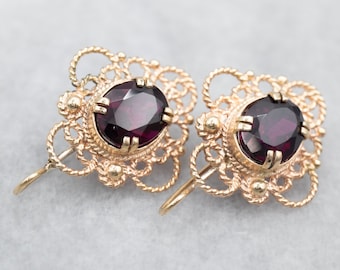 14K Yellow Gold Filigree Garnet Drop Earrings