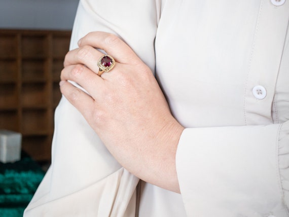 Yellow Gold Rhodolite Garnet Ring with Diamond Ha… - image 5