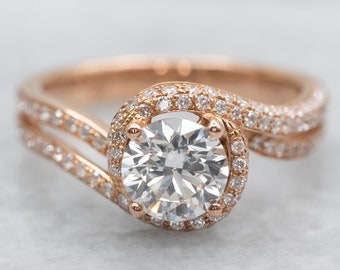 Rose Gold Diamond Halo Engagement Ring, 0.70 Carat Round Brilliant