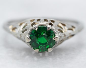 Antique Tsavorite Garnet Solitaire Ring, Art Deco Garnet Ring, Green Garnet Ring, 18K Gold Filigree Garnet Ring, Garnet Engagement A27592