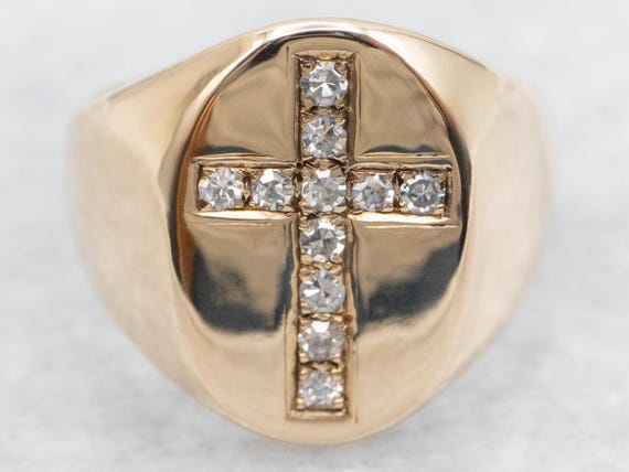 14K Yellow Gold Diamond Cross Ring, Unisex Statem… - image 1