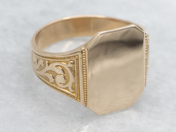 Vintage Rectangular-Top Signet Ring with Ornately… - image 1