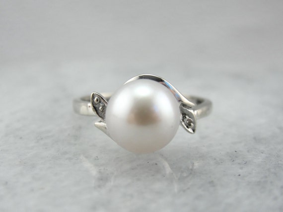 Vintage White Gold Pearl Ring With Diamond Accents X1Y1JD-D - Etsy