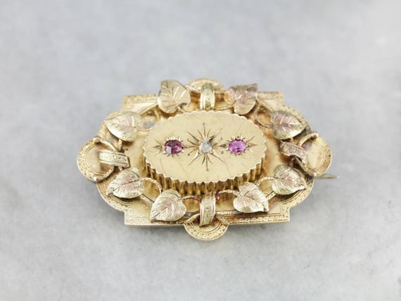 Victorian Botanical Diamond Ruby Gold Brooch Pend… - image 1