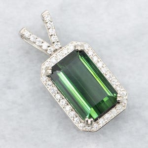 Bright Green Tourmaline Halo Pendant, White Gold Tourmaline Pendant, Tourmaline Diamond Pendant, Anniversary Gift, October Birthstone A60773
