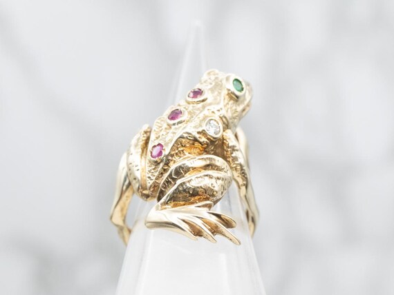 14K Yellow Gold Gemstone Tree Frog Ring, Ruby Eme… - image 3