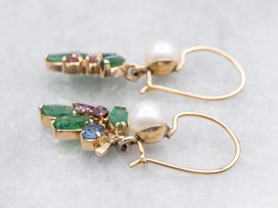 14K Yellow Gold Gemstone Drop Earrings, Ruby, Sap… - image 5