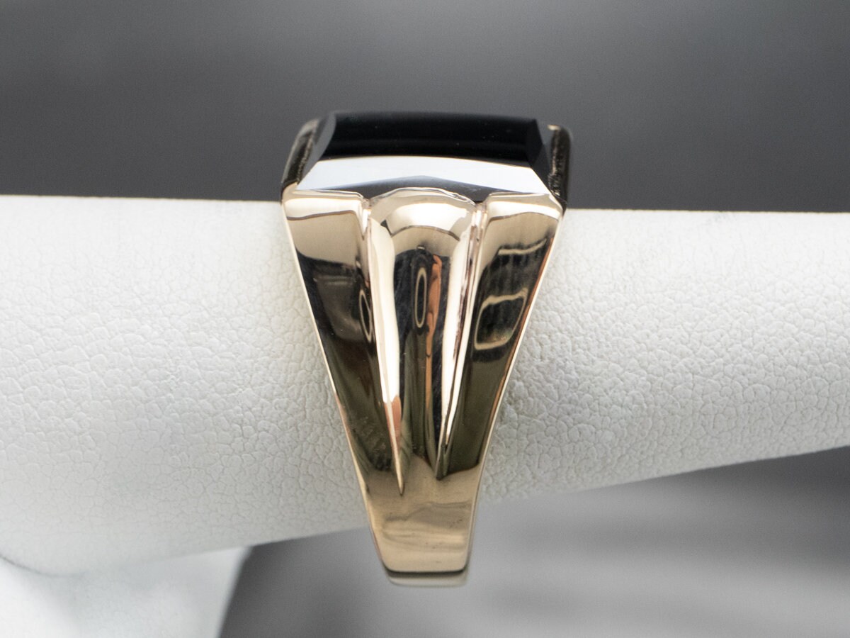 Men's Hematite Statement Ring, Grey Stone Ring, Yellow Gold