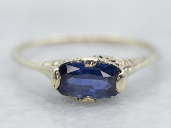 Antique Sapphire Solitaire Ring, Green Gold Sapph… - image 1