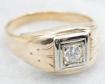 Mid-Century European Cut Diamond Ring, 14K Gold Men's Engagement Ring
