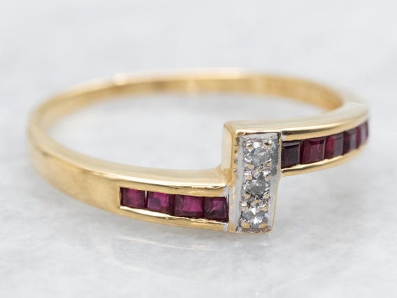 14K Yellow Gold Diamond Ruby Bypass Ring, Size 7 - image 2