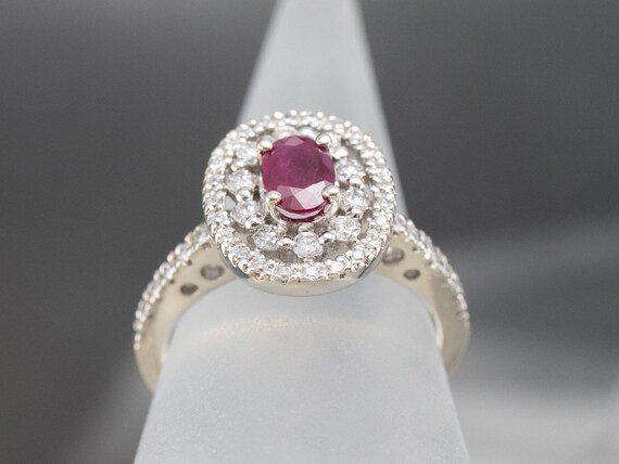 Ruby and Diamond Double Halo Ring, 14K White Gold - image 8