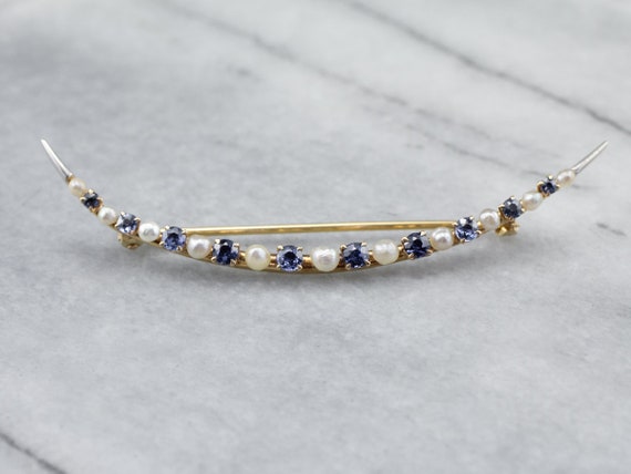 Crescent Moon Sapphire and Pearl Brooch, Yellow G… - image 2