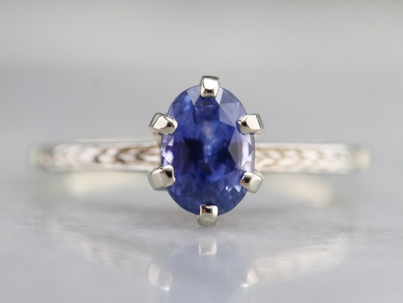 Etched Sapphire Solitaire Ring, Sapphire Engagemen
