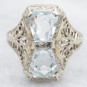 Art Deco Aquamarine White Gold Filigree Ring, Vintage Dinner Ring, Aquamarine Statement Ring, March Birthstone A59132
