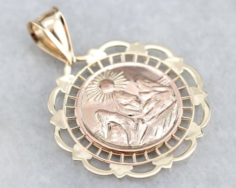 Gold Pythian Sisters Pendant, Mountain Pendant, Rose and Yellow Gold Pendant Y93K2A19