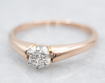Vintage European Cut Diamond Solitaire Ring, 14K Rose & White Gold
