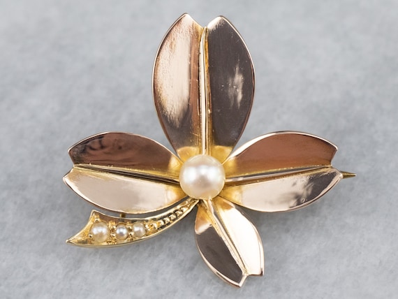 Antique 14K Gold Four Leaf Clover Brooch, Pearl & Seed Pearl
