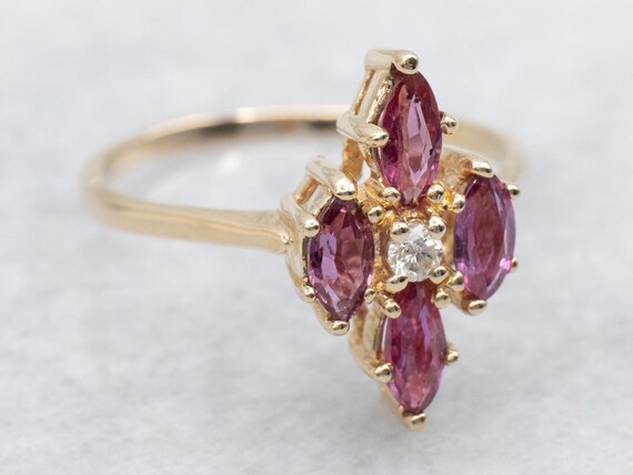 14K Gold Diamond Ruby Flower Ring, Marquise Halo - image 2