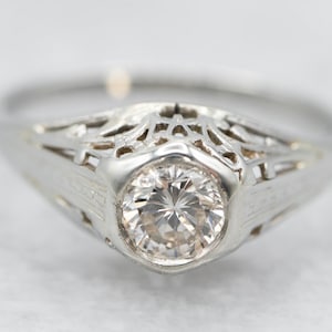 Art Deco Diamond Ring, Diamond Solitaire in White Gold, Diamond Filigree Ring, Round Brilliant Diamond, Antique Engagement A20406