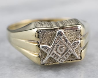 Anello massonico in oro giallo e bianco 10K, simbolo della bussola, misura 10,75