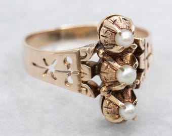 Anello in oro rosa 14 carati con perle di semi vittoriane, dettagli botanici