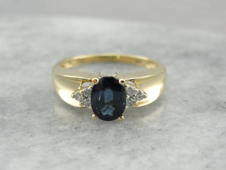 Deep Midnight Blue Sapphire Ring with Diamond Accents and Wide | Etsy
