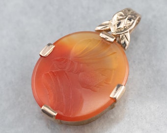 14K Gold Carnelian Intaglio Pendant, Upcycled Medallion
