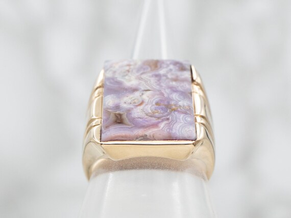 Yellow Gold Rectangle Cut Lace Agate Solitaire Co… - image 3