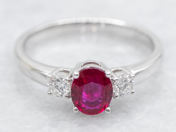 18K White Gold Oval Ruby and Diamond Ring, July B… - image 1