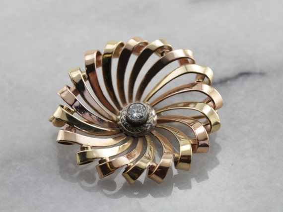 Mid Century Spiral Brooch with Diamond Center in … - image 3