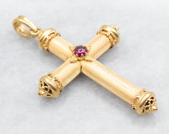 Vintage 18K Gold Textured Cross Pendant with Garnet Cabochon