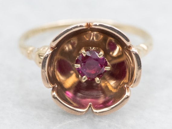 Vintage Ruby Flower Ring, 14K Rose and Yellow Gol… - image 2