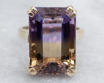 10K Gold Ametrine Cocktail Ring, Emerald Cut Gemstone, Vintage Jewelry
